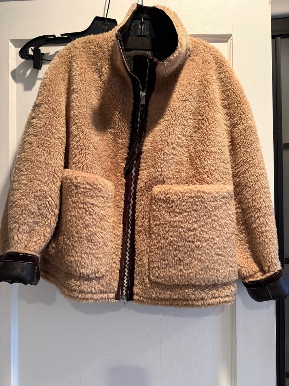 Zara Beige Faux-Sherpa Jacket with Brown Trim